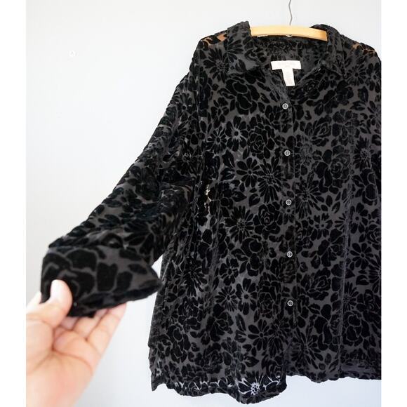 CLOTHES Floral Rose Burnout Velvet Button Up Top 2X Ease Witchy Whimsigoth Loose - Picture 4 of 13